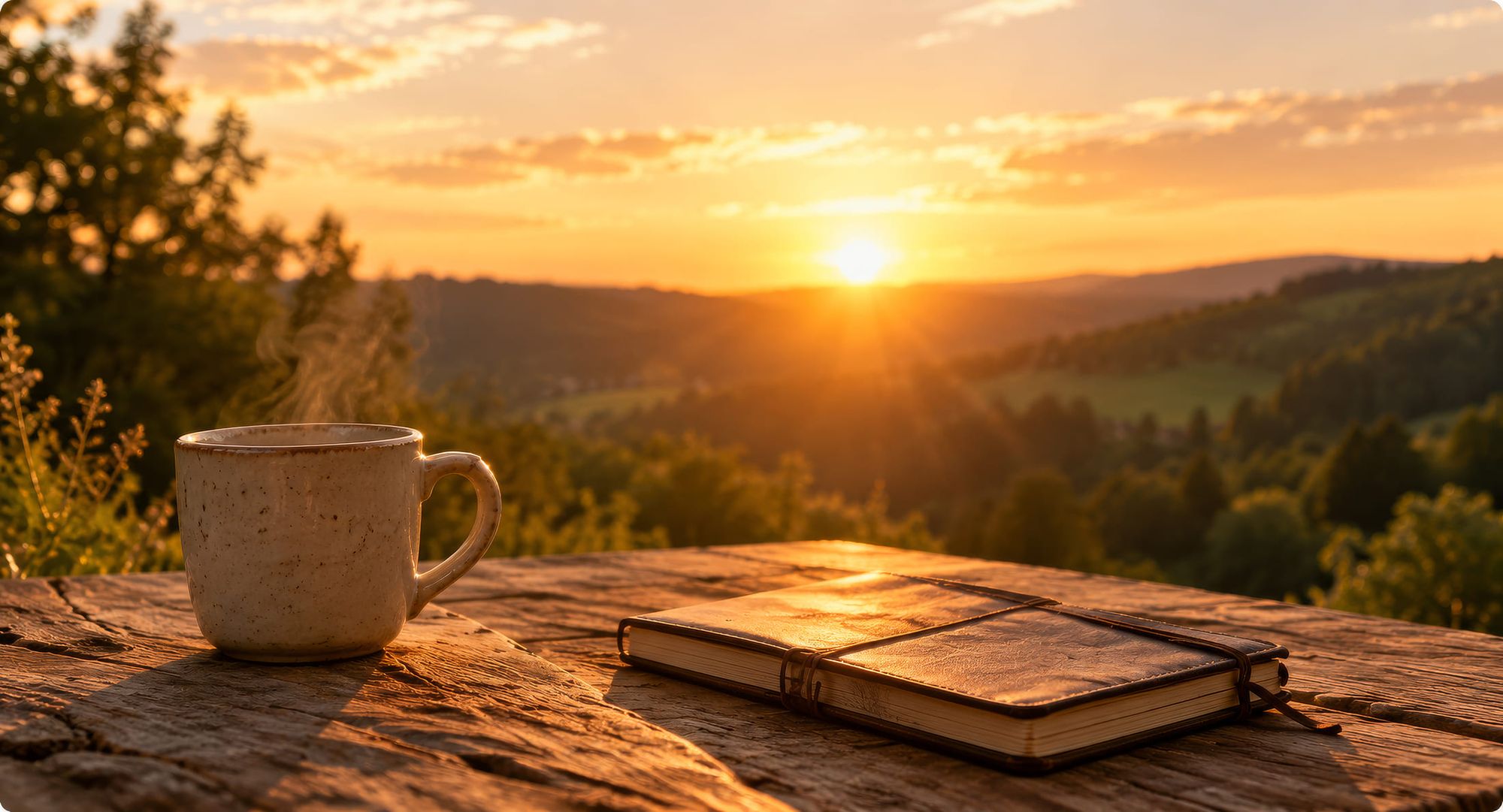 Kaffeetasse mit aufsteigendem Dampf und ein geschlossenes Notizbuch liegen auf einem Holztisch vor einer Hügellandschaft bei Sonnenuntergang